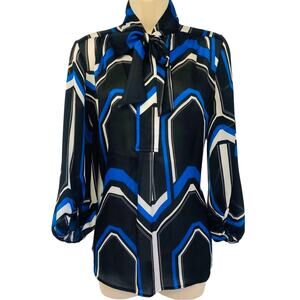 New York & Co Black Blue White Graphic Print Long Sleeve Blouse Attached Scarf